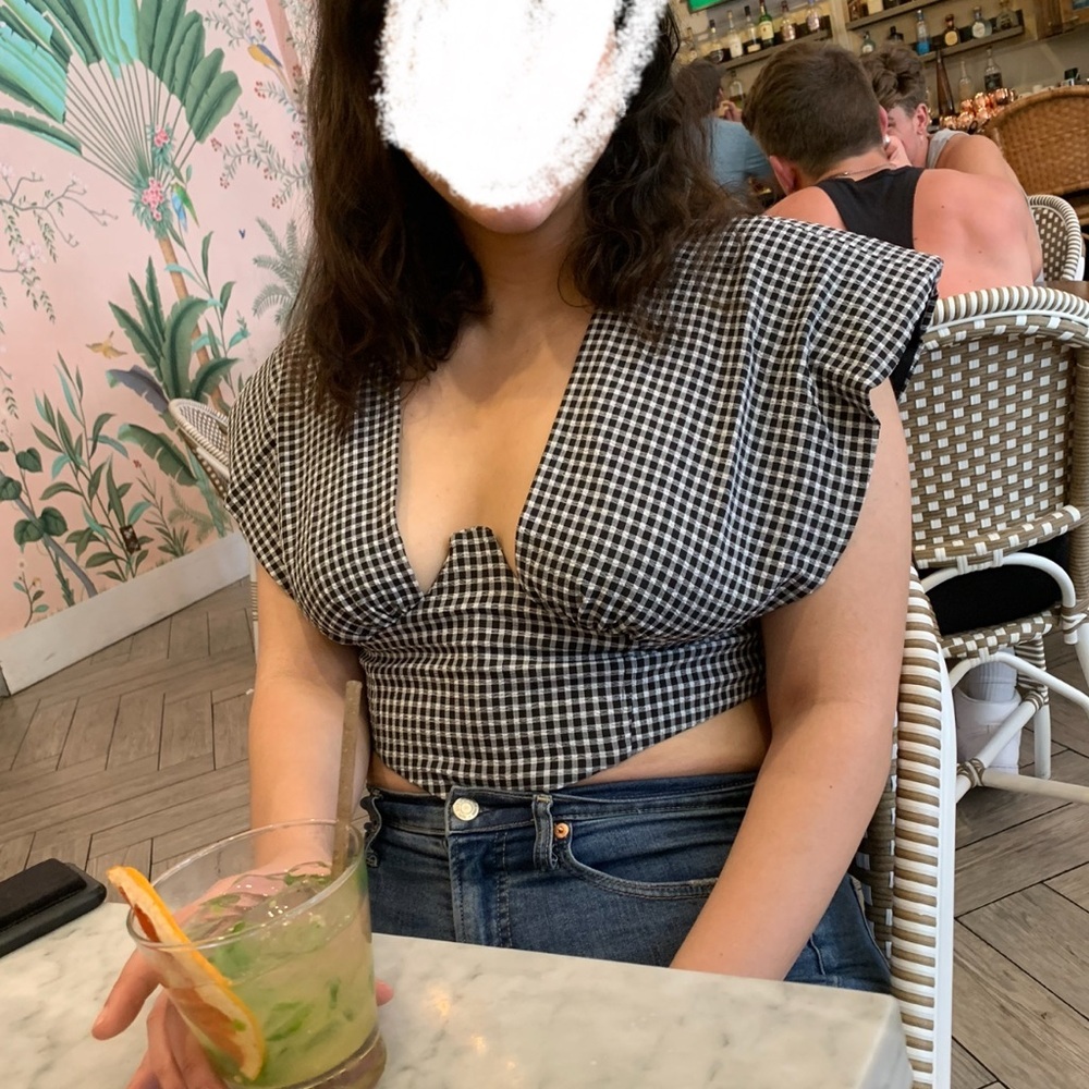 Plunge neck crop top corset with Statement shoulder Gingham print size 12